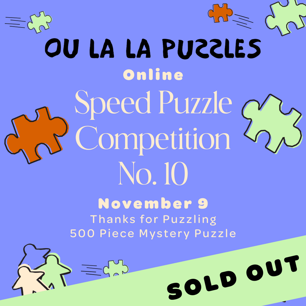 Promotional poster for an Ou La La online Speed Puzzle Competition with colorful puzzle pieces on a blue background.
