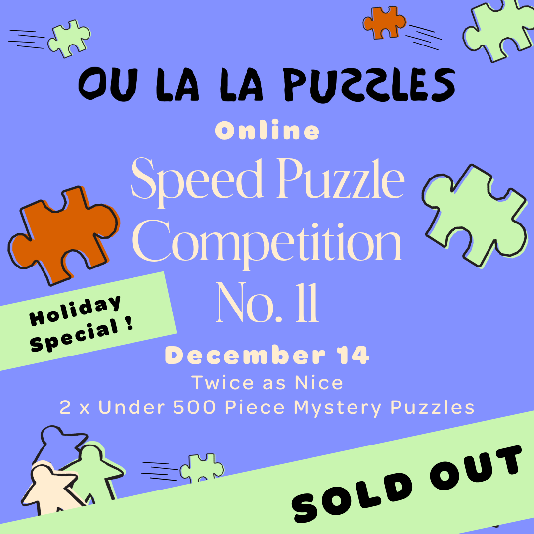 Promotional poster for an Ou La La online Speed Puzzle Competition with colorful puzzle pieces on a blue background.
