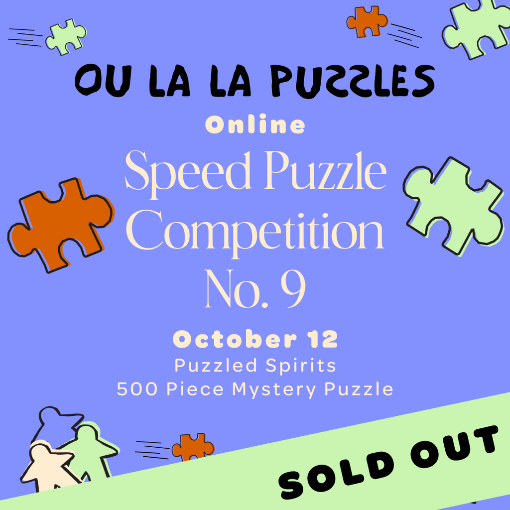 Promotional poster for an Ou La La online Speed Puzzle Competition with colorful puzzle pieces on a blue background.