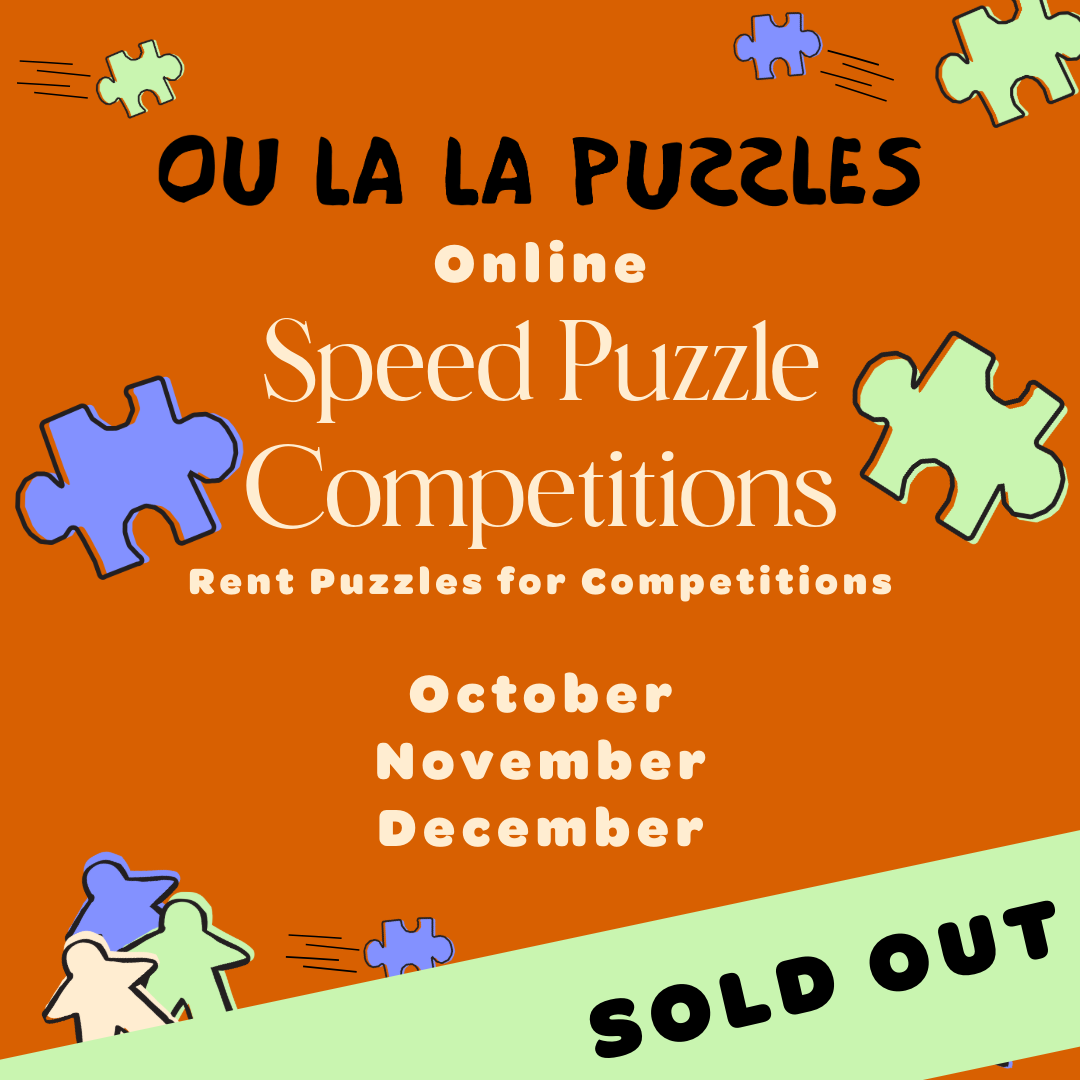 Promotional poster for Ou La La Puzzles online speed puzzle competitions with colorful puzzle pieces on an orange background.